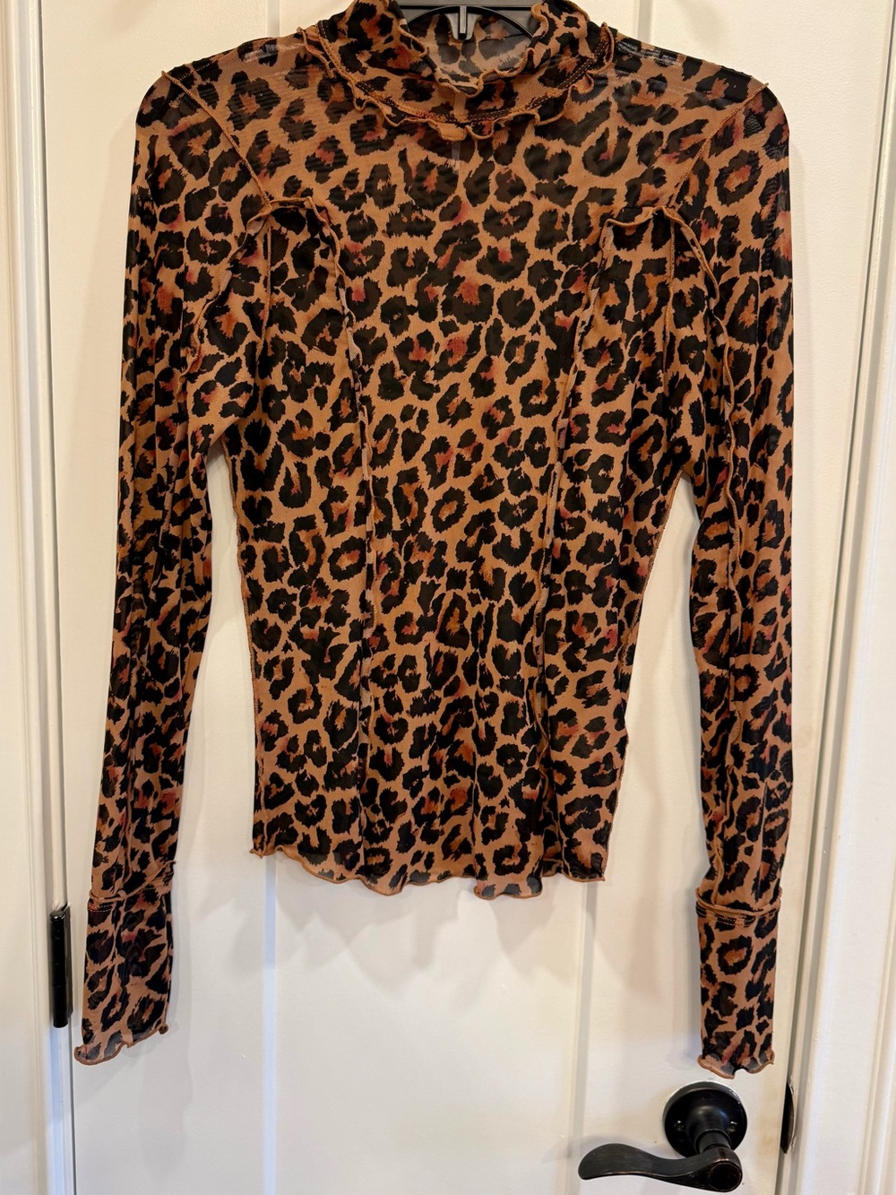 Free People Leopard Mock Neck Slightly Sheer Long Sleeve Blouse